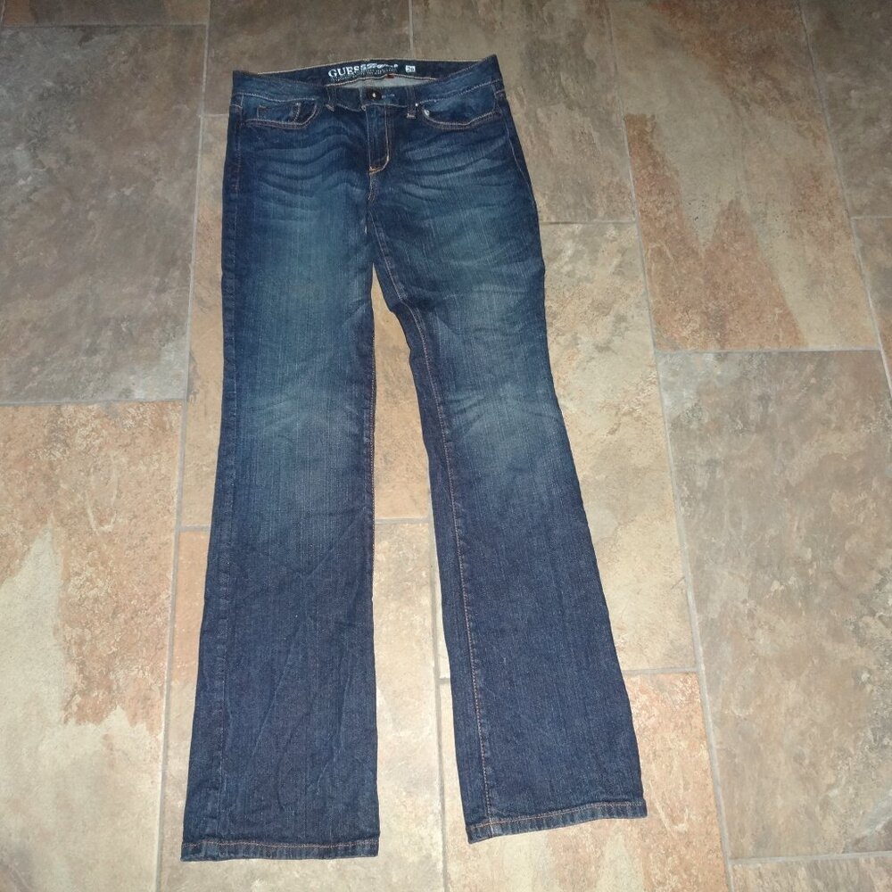 Guess Stretch Denim Blue Jeans Dark Wash Women 29 embroidered pockets